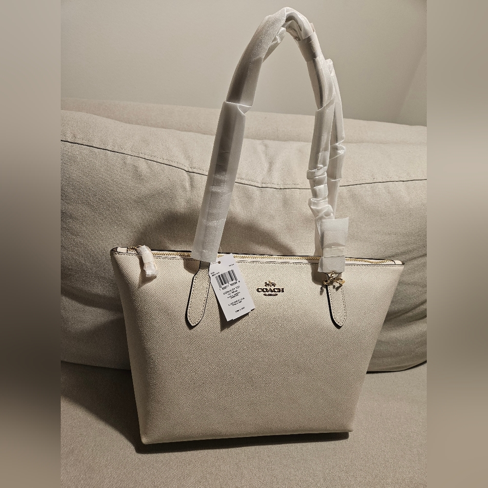 Coach White Leather Zip Top Tote